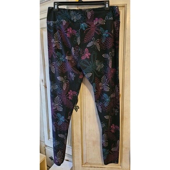 LuLaRoe TC Pink Aqua Blue Polka Dot Butterfly Print on Black Leggings - Picture 1 of 9